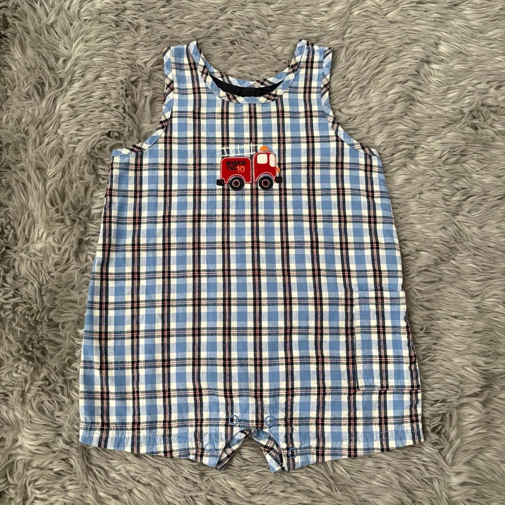 Carters Jon Romper Vintage Plaid Firetruck Baby 12 Months Summer
